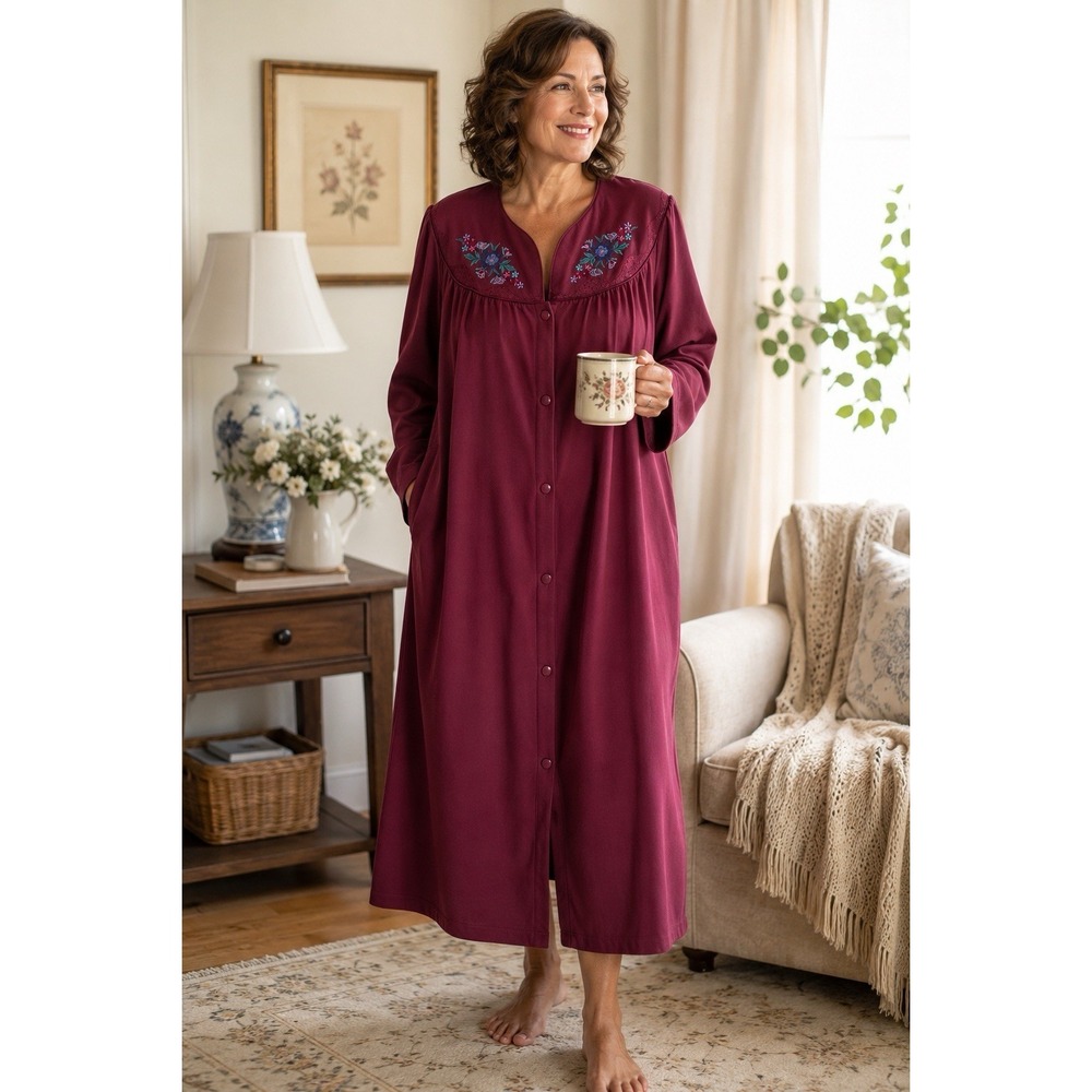 Jasmine Rose House Dress Duster Robe Womens L Burgundy Embroidered Floral Snap‎